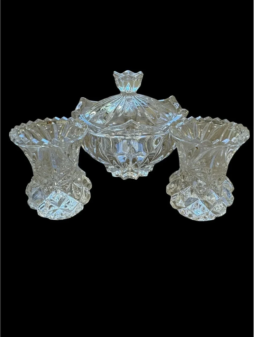 Lot Of Crystal Bud Vases & Covered Dish Bundle.